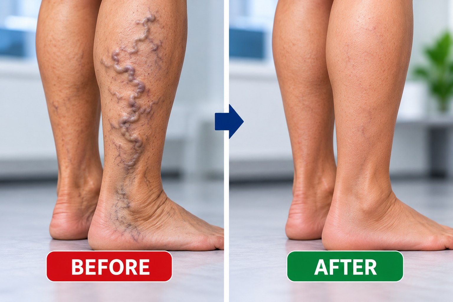 AI-generated illustrative comparison showing a leg with visible varicose veins before treatment and a smoother-looking leg after treatment